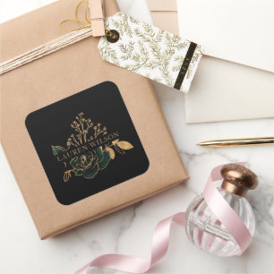 Watercolor Emerald Gold Elegant Floral Square Sticker
