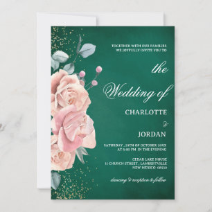 Watercolor Emerald Green And Blush Pink Wedding Invitation