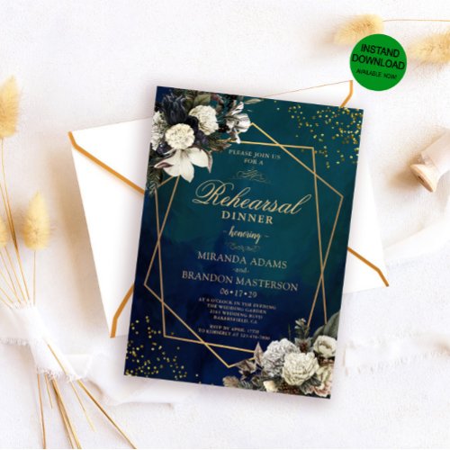 Watercolor Emerald Green Floral Rehearsal Dinner Invitation