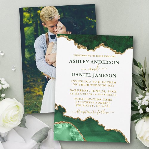 Watercolor Emerald Green Gold Marble Geode Photo Invitation