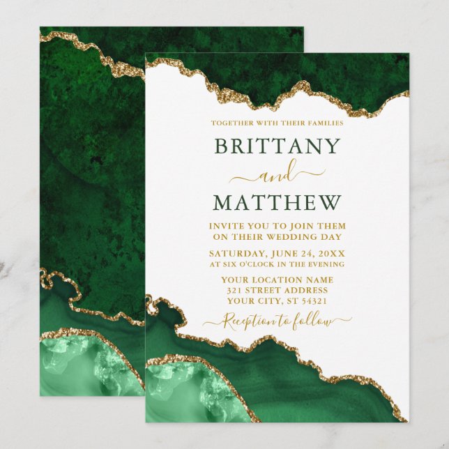 Watercolor Emerald Green Marble Gold Geode Wedding Invitation (Front/Back)