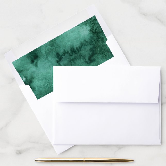 Watercolor Emerald Green Paint Wash Wedding Invite Envelope Liner (Desk)