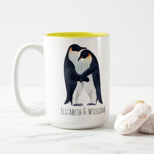  Watercolor Emperor Penguins Couple Name  Two_Tone Coffee Mug