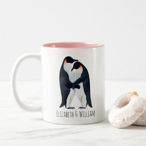  Watercolor Emperor Penguins Couple Name  Two_Tone Coffee Mug