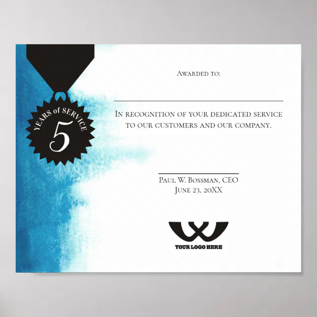 watercolor employee 5 year anniversary certificate poster | Zazzle