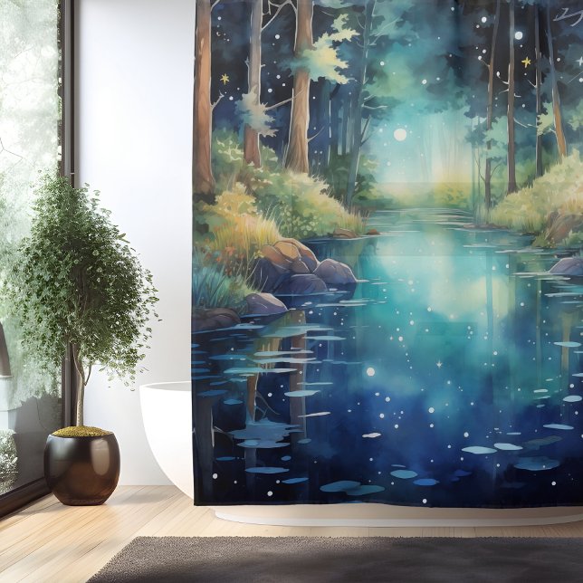 Watercolor Enchanted Forest Lake Shower Curtain (Creator Uploaded)