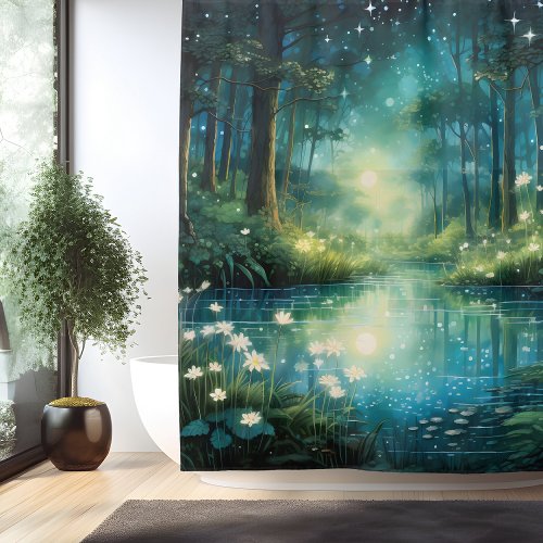 Watercolor Enchanted Forest Lake Shower Curtain