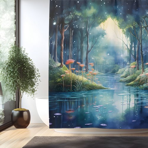 Watercolor Enchanted Forest Lake Shower Curtain