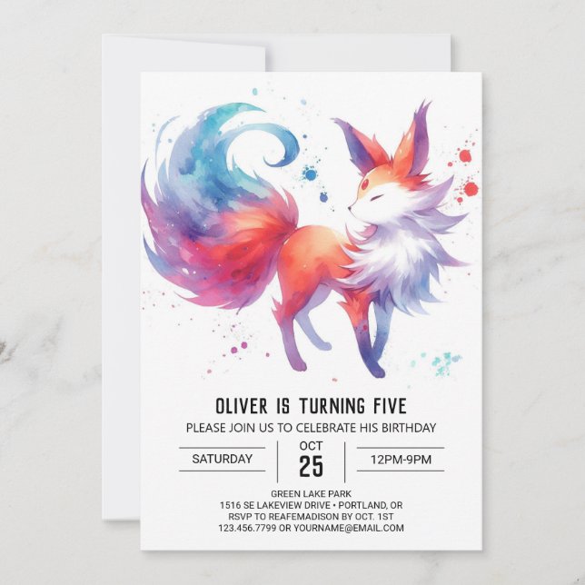 Watercolor Enchanted Fox Birthday Invitation (Front)
