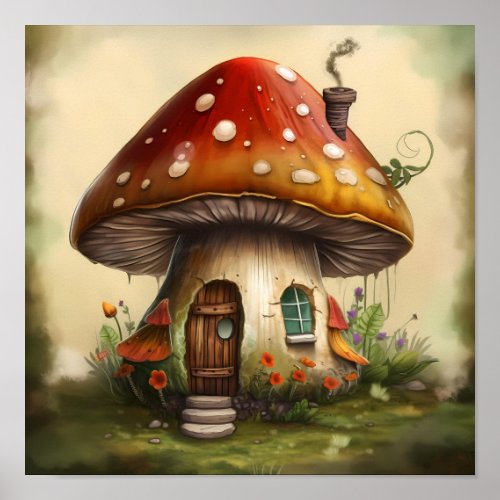 Watercolor Enchanted Mushroom Art Cottage Poster