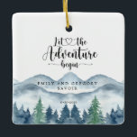 Watercolor Engagement Keepsake Ceramic Ornament<br><div class="desc">Celebrate the beginning of forever with this watercolor engagement ornament featuring the phrase Let the Adventure Begin. Personalized with the couple’s names and date, the design showcases soft watercolor mountains and forest trees — a symbol of nature, love, and new journeys. A meaningful keepsake or thoughtful gift for engaged couples...</div>