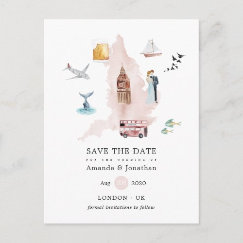 Watercolor England UK London Destination Wedding Announcement Postcard