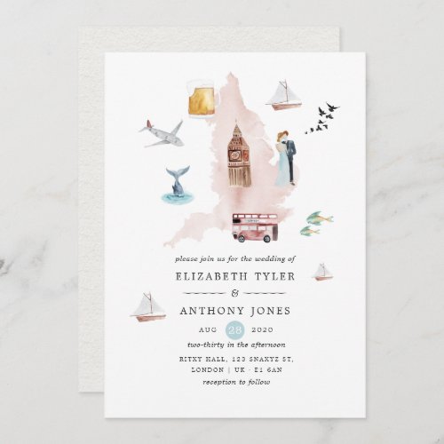 Watercolor England UK London Destination Wedding Invitation