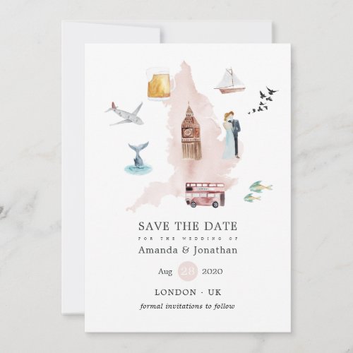 Watercolor England United Kingdom Wedding Save The Date