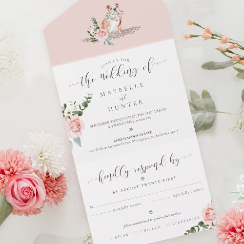 Watercolor English Bulldog Dog  Floral Pink Rose All In One Invitation