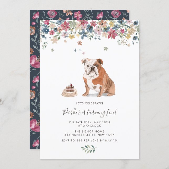 Watercolor English Bulldog Floral Birthday Party Invitation (Front/Back)