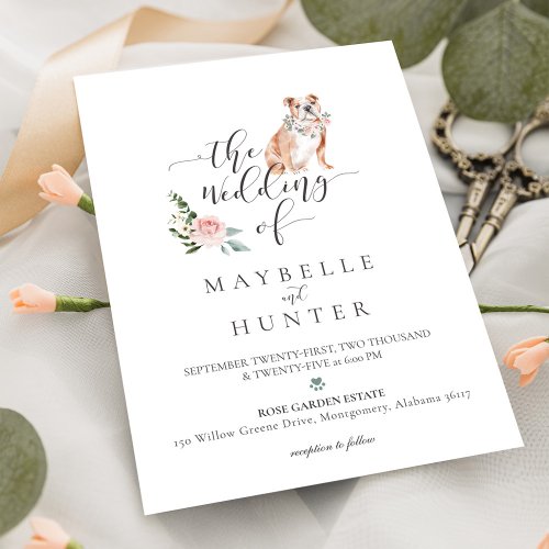 Watercolor English Bulldog Pet  Floral Pink Rose Invitation