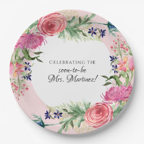 Watercolor English Cottage Garden Blue Pink Floral Paper Plates