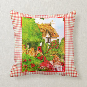 Watercolor English Cottage Red White Checks Throw Pillow