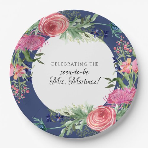 Watercolor English Garden Rose Pink n Navy Floral Paper Plates