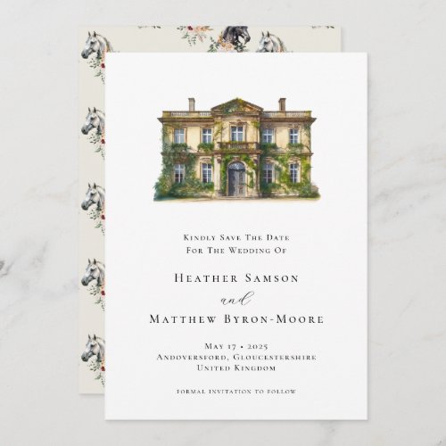 Watercolor English Manor Equestrian Wedding Save The Date