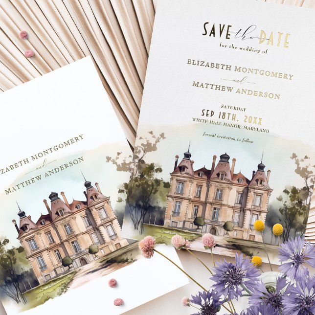 Watercolor English Manor Foil Save the Date Card (Creator Uploaded)