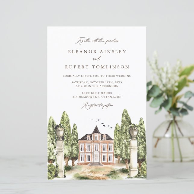 Watercolor English Manor House Wedding Invitation (Standing Front)
