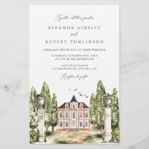 Watercolor English Manor House Wedding Invitation