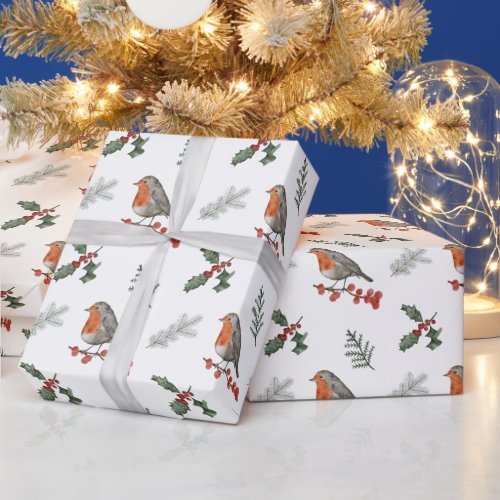 Watercolor English Robin Christmas Holiday Gift Wrapping Paper