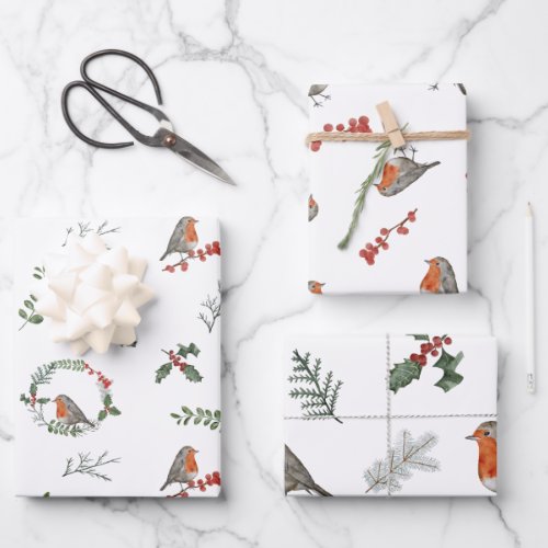 Watercolor English Robin Christmas Holiday Gift Wrapping Paper Sheets