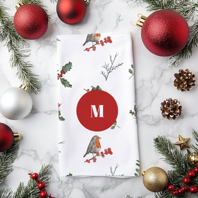 Watercolor English Robin Christmas Holiday  Kitchen Towel (Creator Uploaded)