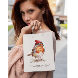 Watercolor English Robin Cozy Christmas Holiday Medium Gift Bag