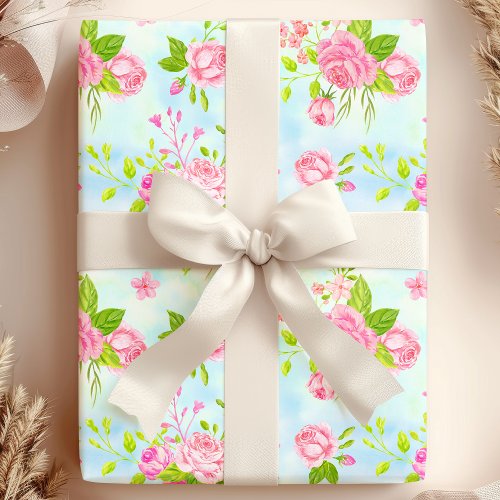 Custom Gift Wrap And Tissue Paper 15 Watercolor English Roses Floral On Blue Wrapping Paper