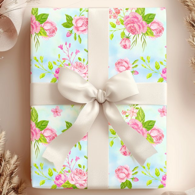 Watercolor English Roses Floral on Blue Wrapping Paper (Creator Uploaded)