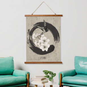 Watercolor Enso, Swallow And Cherry Blossoms Hanging Tapestry