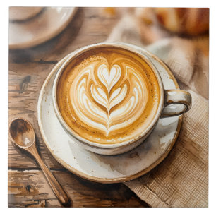 Watercolor Espresso Cup Cozy Latte Art Ceramic Tile