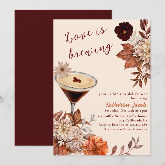 Watercolor Espresso Martini fall Bridal Shower Invitation (Front/Back)