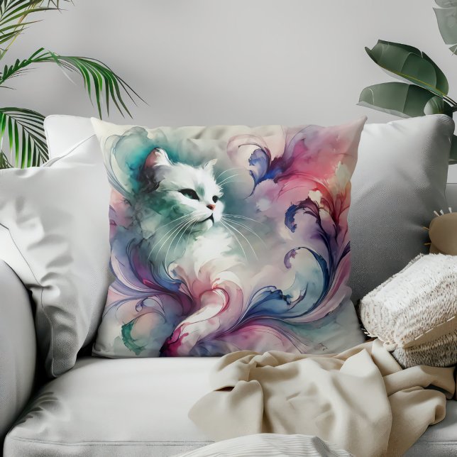  Watercolor Ethereal  Cat Throw Pillow (Creator Uploaded)