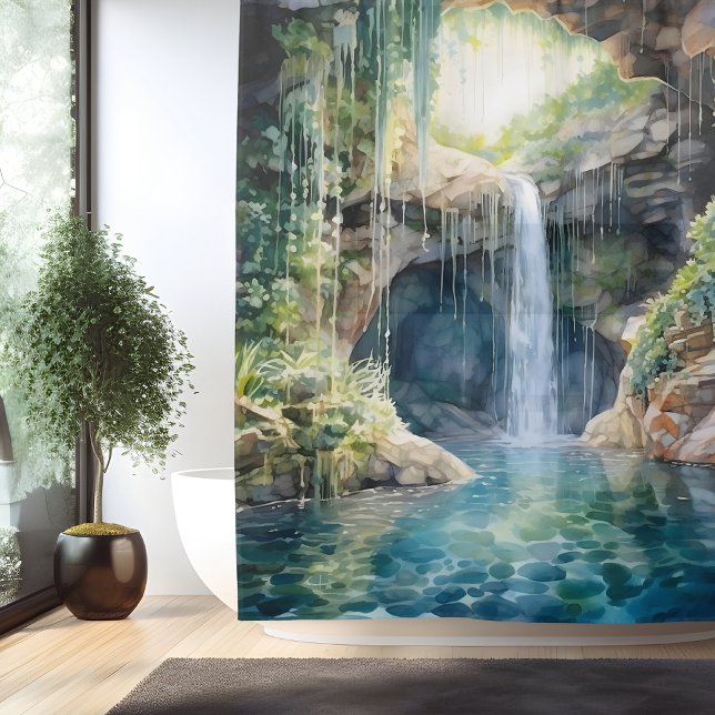 Watercolor Ethereal Waterfall Grotto Shower Curtain (Creator Uploaded)