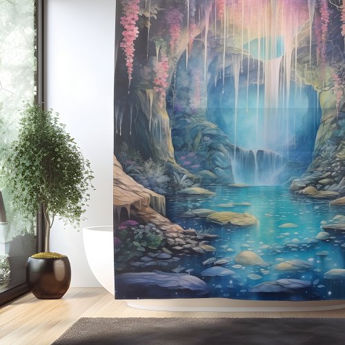 Watercolor Ethereal Waterfall Grotto Shower Curtain