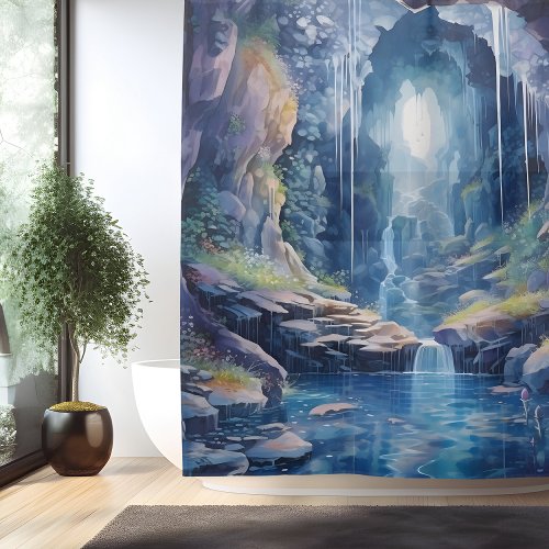 Watercolor Ethereal Waterfall Grotto Shower Curtain