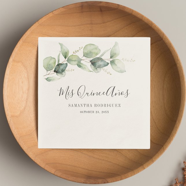 Watercolor Eucalyptus 15th Birthday Quinceanera Napkins (Watercolor Eucalyptus 15th Birthday Quinceanera Paper Napkins)