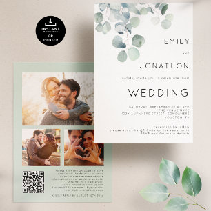 Watercolor Eucalyptus 3 Photos QR Code Wedding Invitation