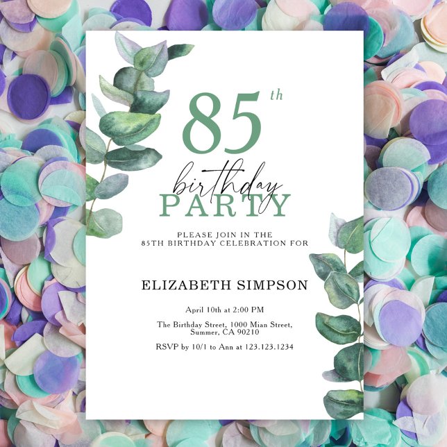 Watercolor eucalyptus 85th Birthday Invitation (Creator Uploaded)