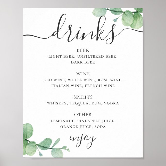 Watercolor eucalyptus. Alcohol drinks wedding bar Poster (Front)