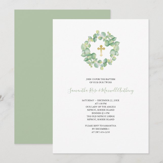 Watercolor Eucalyptus and Gold Cross Baptism Invitation (Front/Back)