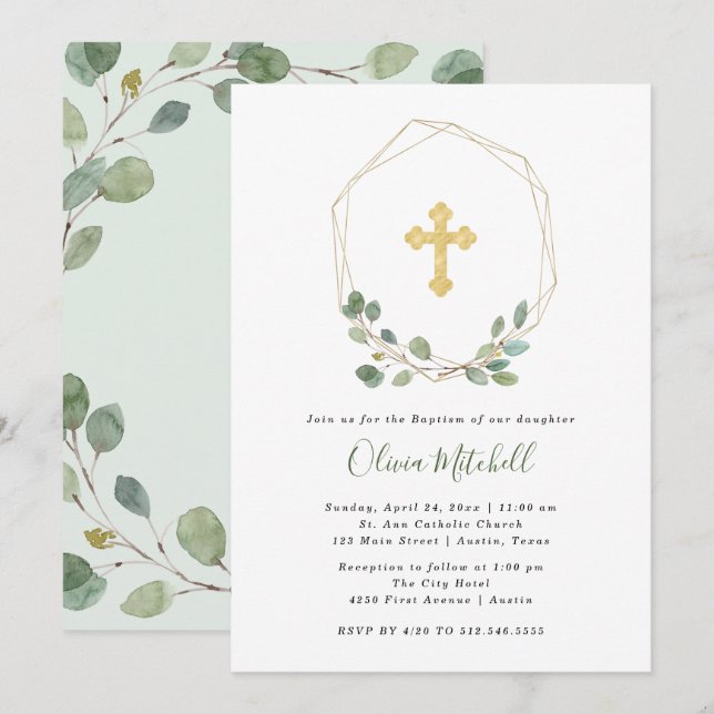 Watercolor Eucalyptus and Gold Cross | Baptism Invitation (Front/Back)