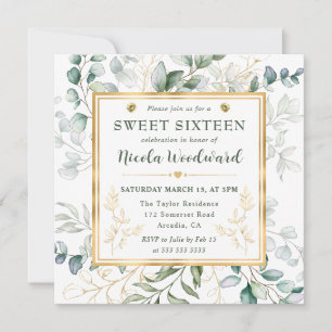 Watercolor Eucalyptus and gold frame Sweet 16 Invitation