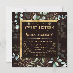 Watercolor Eucalyptus and gold frame Sweet 16 Invitation