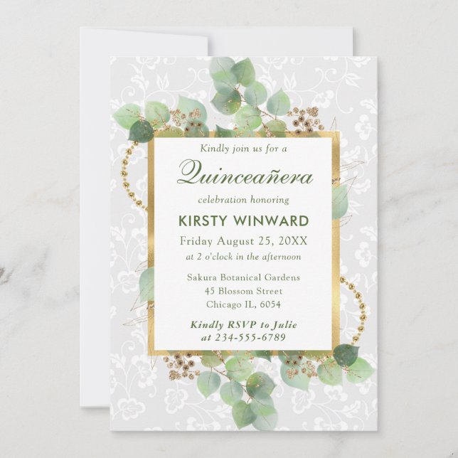 Watercolor Eucalyptus and Greenery Quinceanera Invitation (Front)